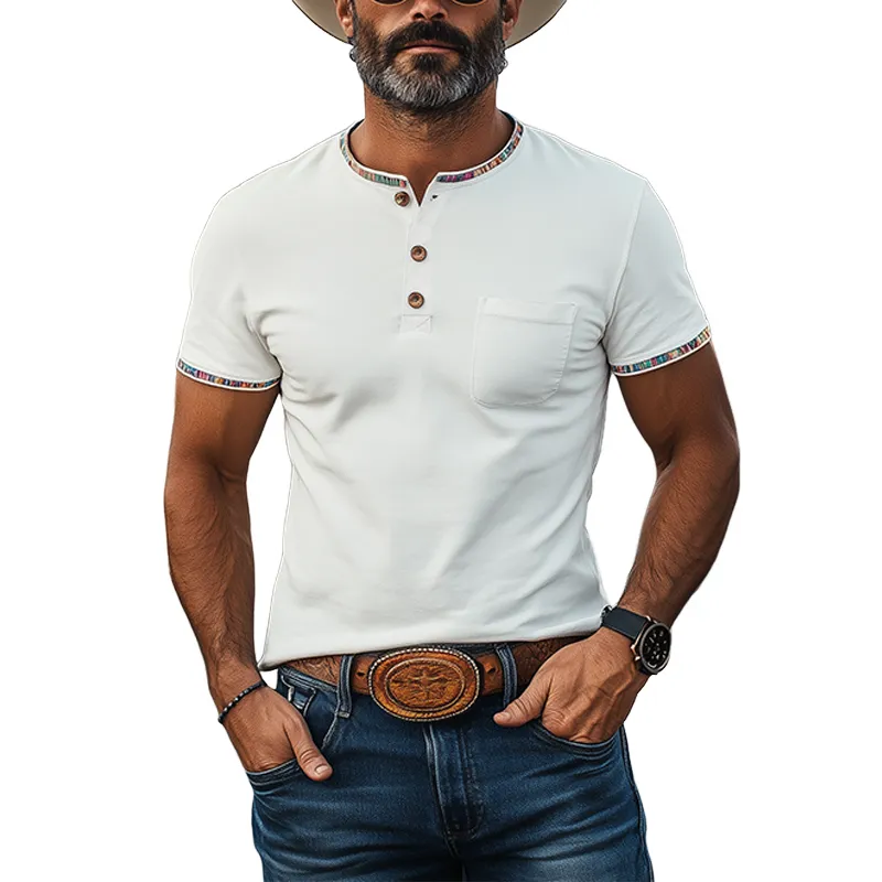 Men's Classic Casual Retro Western Cowboy Style Thin Suede Stitching Colorful Ribbon Henley Collar Short-Sleeved T-Shirt MTA1274E4K sold by Manly