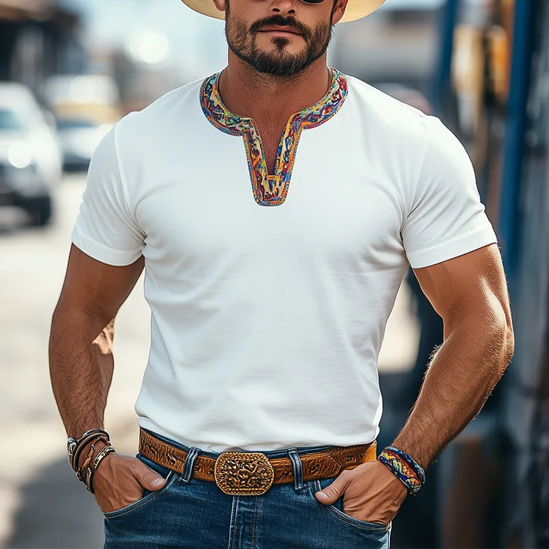 Men's Classic Casual Retro Western Cowboy Style Cotton Blend V-Neck Splicing Colorful Ribbon Short-Sleeved T-Shirt MTA1256E8K sold by Manly product image thumbnail 3