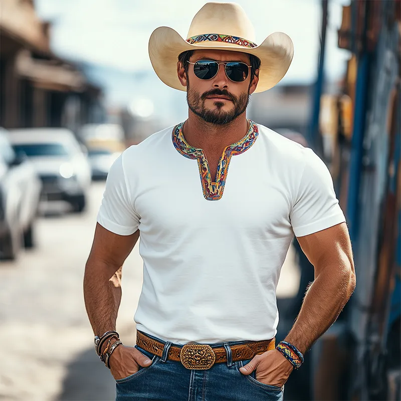 Men's Classic Casual Retro Western Cowboy Style Cotton Blend V-Neck Splicing Colorful Ribbon Short-Sleeved T-Shirt MTA1256E8K sold by Manly product image thumbnail 2