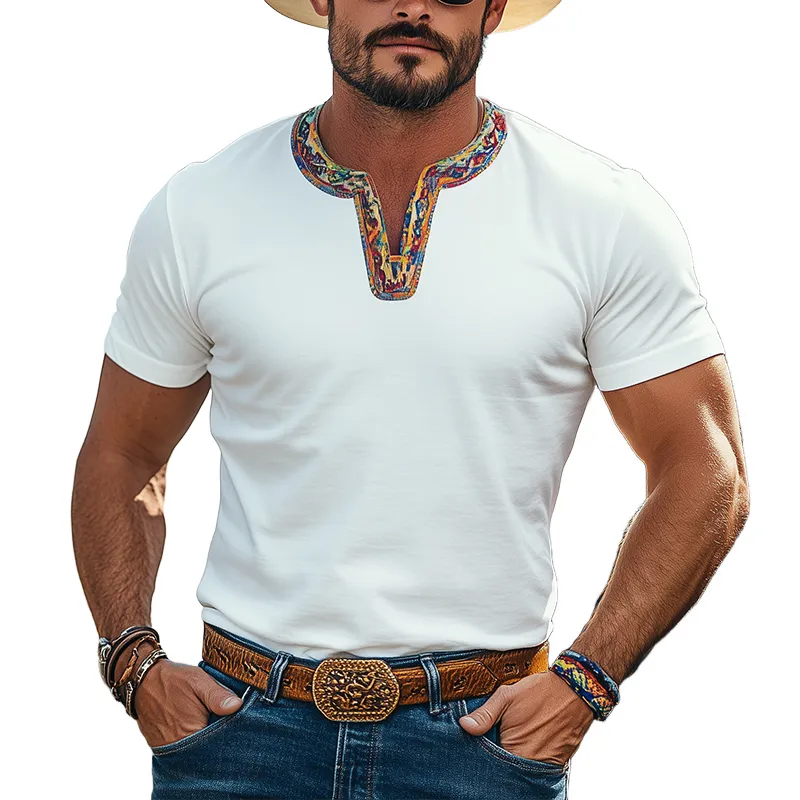 Men's Classic Casual Retro Western Cowboy Style Cotton Blend V-Neck Splicing Colorful Ribbon Short-Sleeved T-Shirt MTA1256E8K sold by Manly