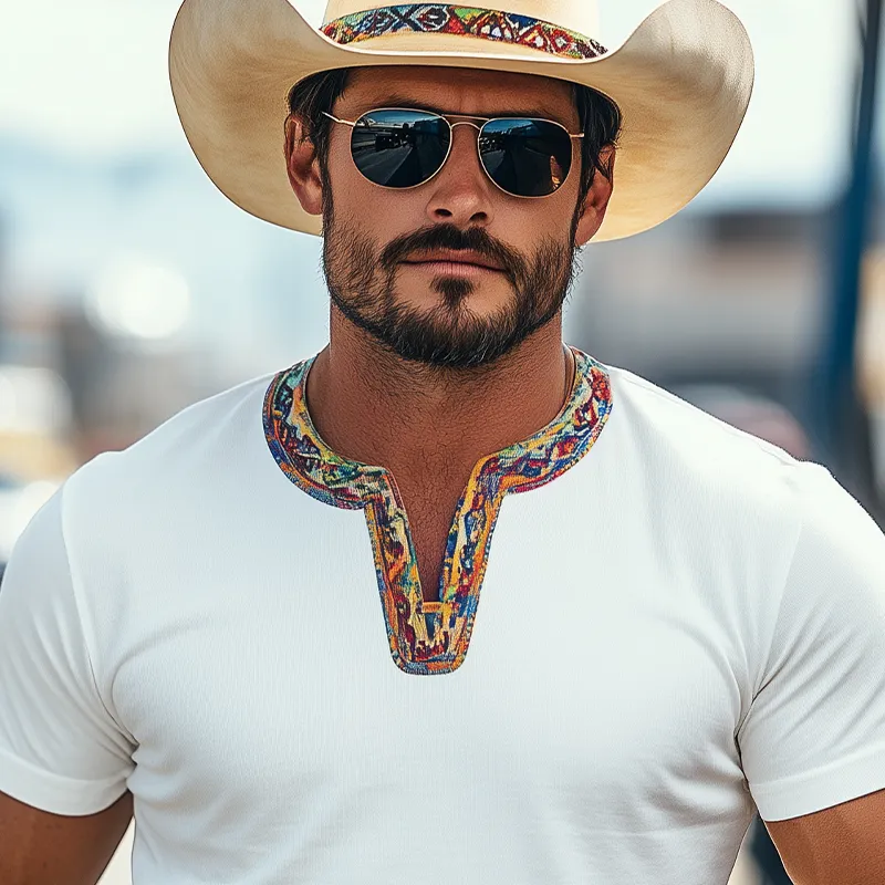 Men's Classic Casual Retro Western Cowboy Style Cotton Blend V-Neck Splicing Colorful Ribbon Short-Sleeved T-Shirt MTA1256E8K sold by Manly product image thumbnail 4