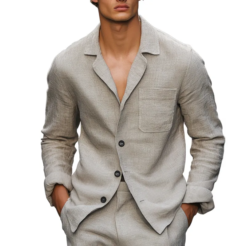 Men's Casual Breathable Linen Notched Lapel Patch Pocket Loose Long Sleeve Shirt MTA1221E0M sold by Manly