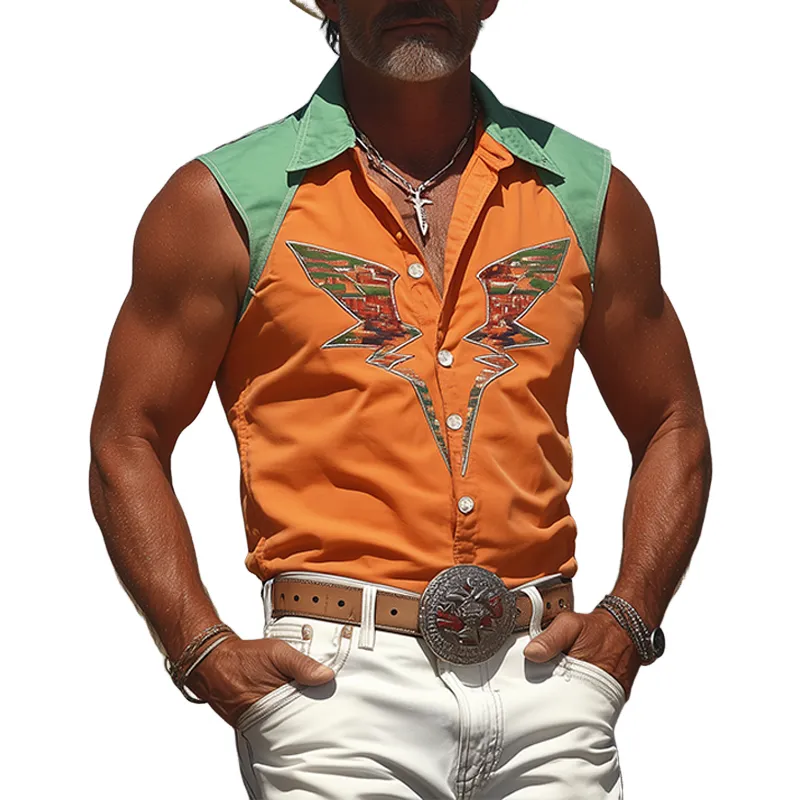 Men's Spring And Summer Fashion Personality Retro Western Cowboy Style Cotton Blend Embroidery Contrast Color Stitching Slim Sleeveless Shirt MTA1289E6K sold by Manly