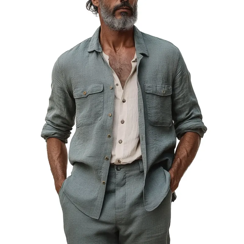 Men's Casual Breathable Linen Lapel Chest Pocket Loose Long Sleeve Shirt MTA1205E8M sold by Manly product image thumbnail 2