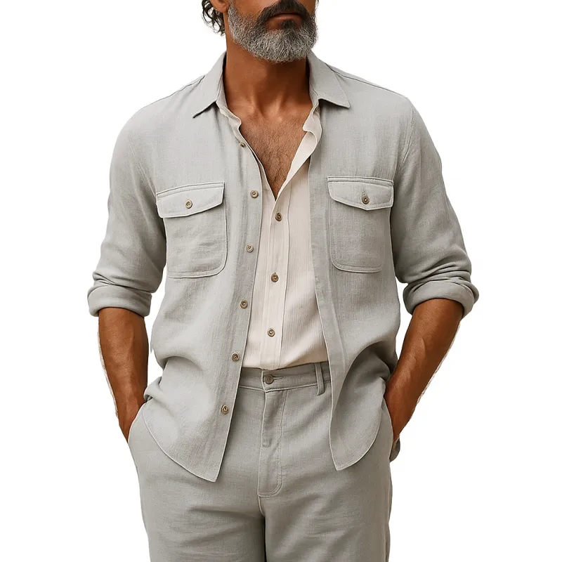 Men's Casual Breathable Linen Lapel Chest Pocket Loose Long Sleeve Shirt MTA1205E8M sold by Manly