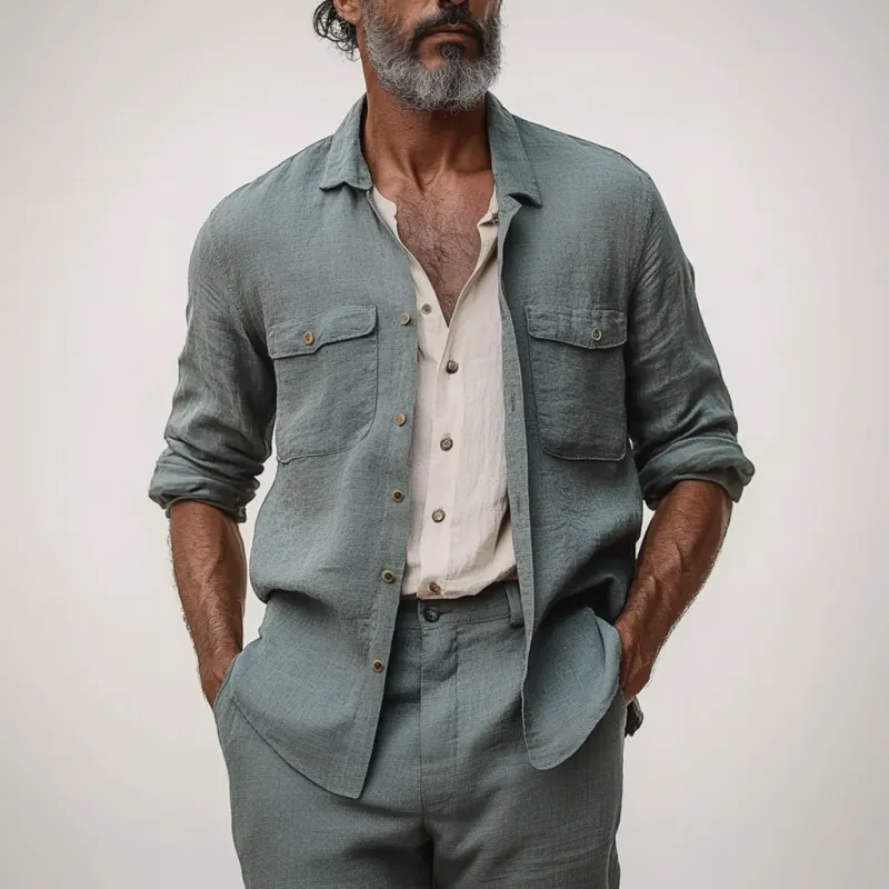 Men's Casual Breathable Linen Lapel Chest Pocket Loose Long Sleeve Shirt MTA1205E8M sold by Manly product image thumbnail 4