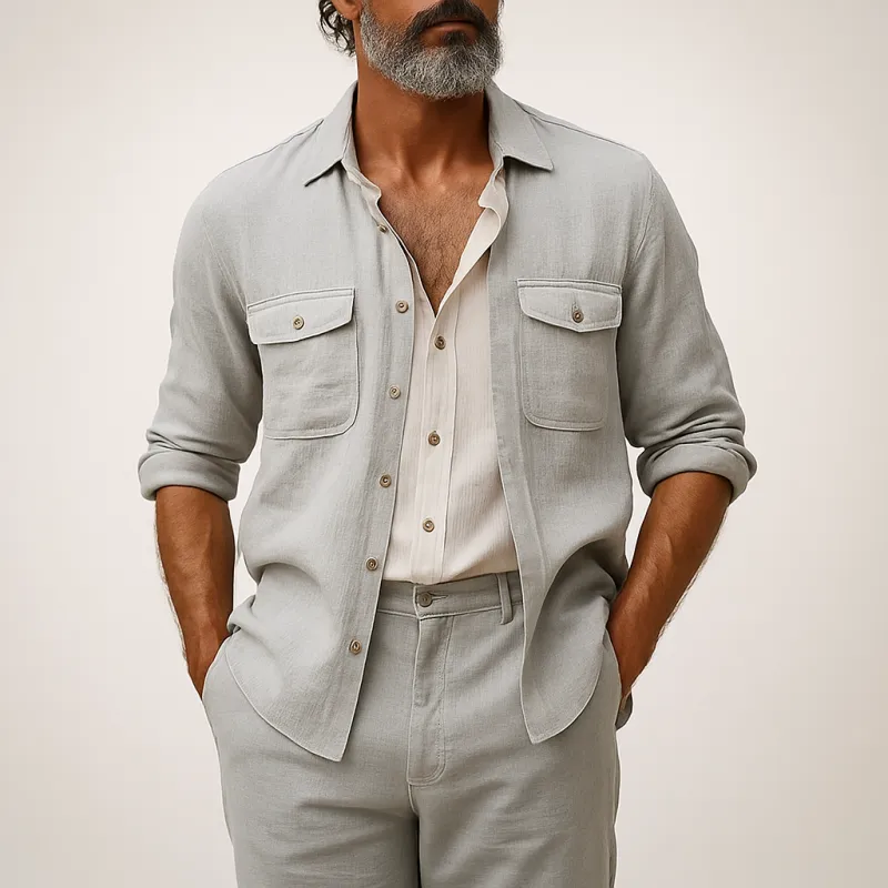 Men's Casual Breathable Linen Lapel Chest Pocket Loose Long Sleeve Shirt MTA1205E8M sold by Manly product image thumbnail 3