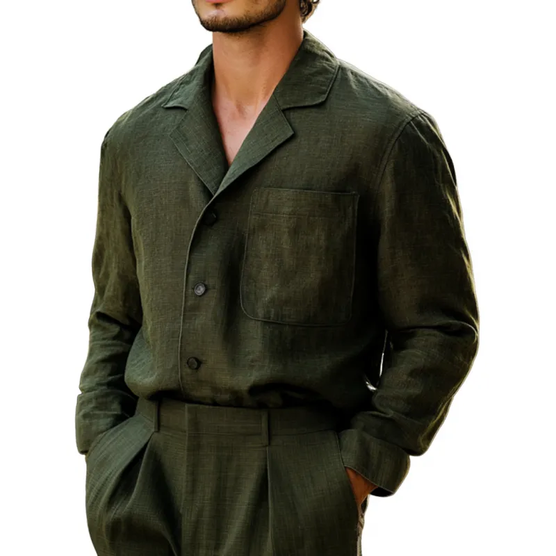 Men's Casual Breathable Linen Notched Lapel Patch Pocket Loose Long Sleeve Shirt MTA1284E6M sold by Manly