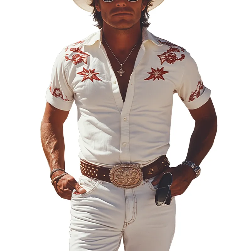 Men's Spring And Summer Fashion Retro Western Cowboy Style Cotton Blended Embroidery Slim Fit Short Sleeve Shirt MTA1209E3K sold by Manly