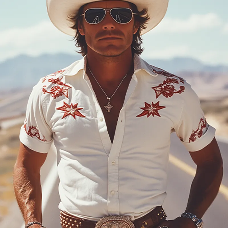Men's Spring And Summer Fashion Retro Western Cowboy Style Cotton Blended Embroidery Slim Fit Short Sleeve Shirt MTA1209E3K sold by Manly product image thumbnail 4