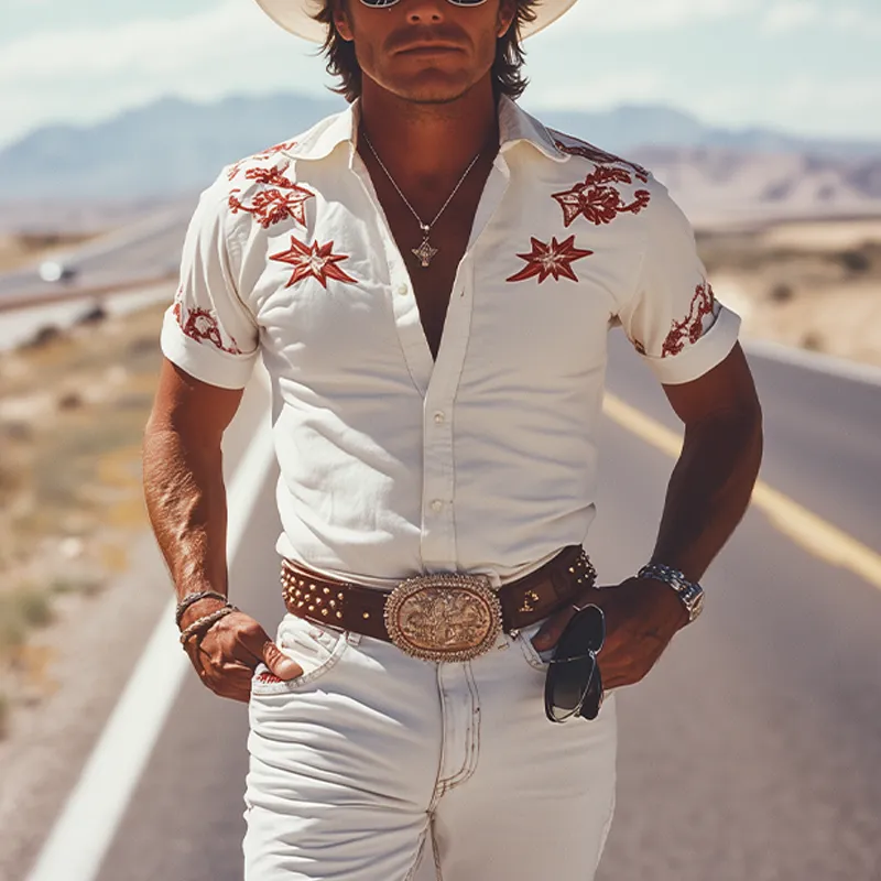 Men's Spring And Summer Fashion Retro Western Cowboy Style Cotton Blended Embroidery Slim Fit Short Sleeve Shirt MTA1209E3K sold by Manly product image thumbnail 3