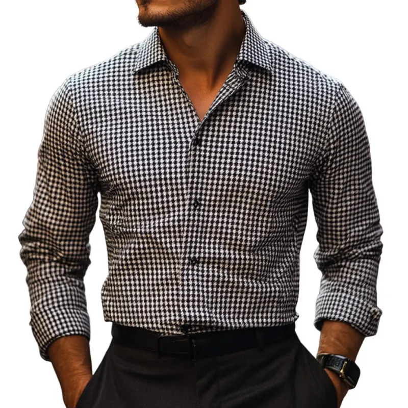 Men's Vintage Houndstooth Jacquard Lapel Slim Fit Long Sleeve Shirt MTA1211E6M sold by Manly