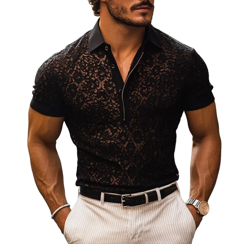 Men's Fashion Lace Lapel Short Sleeve Casual Polo Shirt MTA1296E2Z sold by Manly
