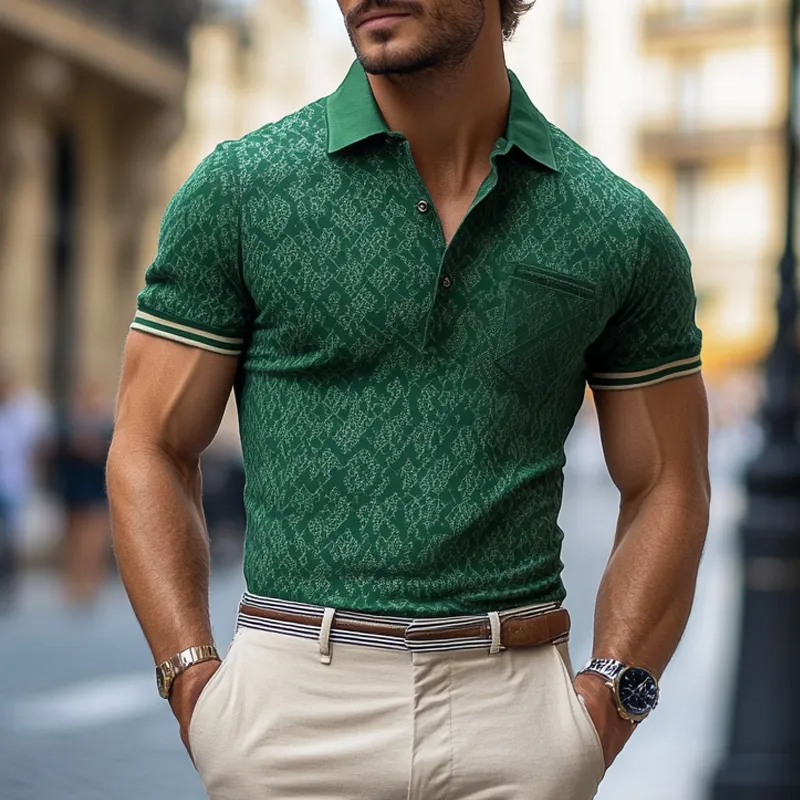 Men's Fashion Vintage Print Lapel Chest Pocket Short Sleeve Casual Polo Shirt MTA1210E3Z sold by Manly product image thumbnail 2