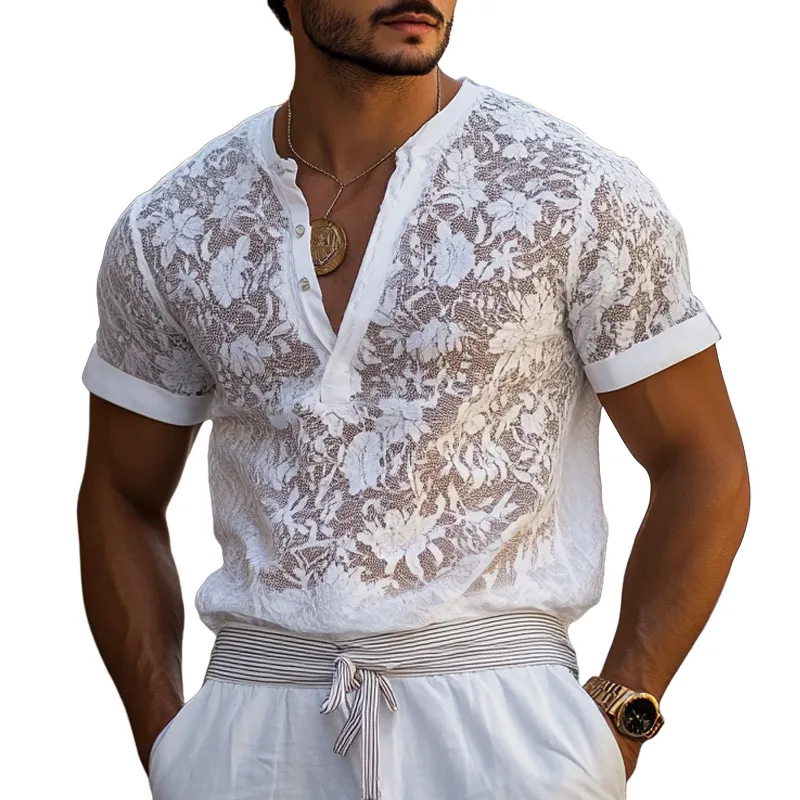 Men's Fashion Lace Henley Collar Short Sleeve Casual T-Shirt MTA1216E9Z sold by Manly