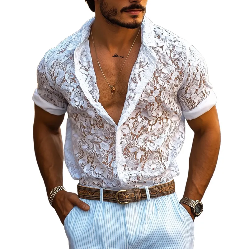 Men's Fashion Lace Lapel Short Sleeve Casual Shirt MTA1285E1Z sold by Manly