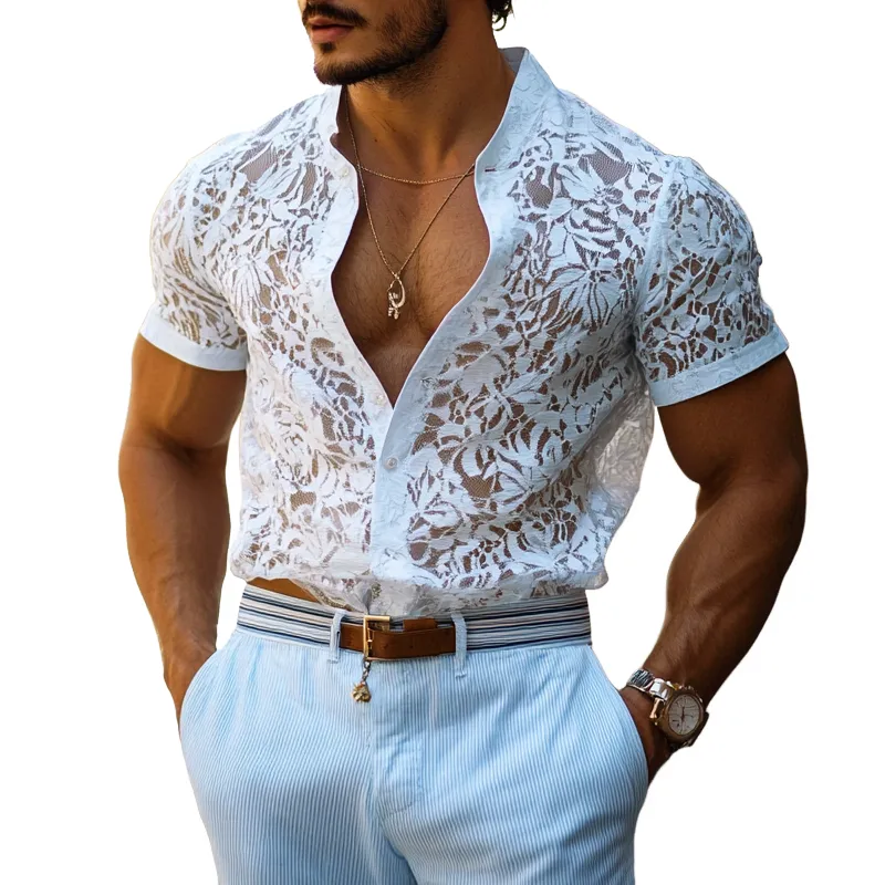 Men's Fashion Lace Stand Collar Short Sleeve Casual Shirt MTA1226E5Z sold by Manly