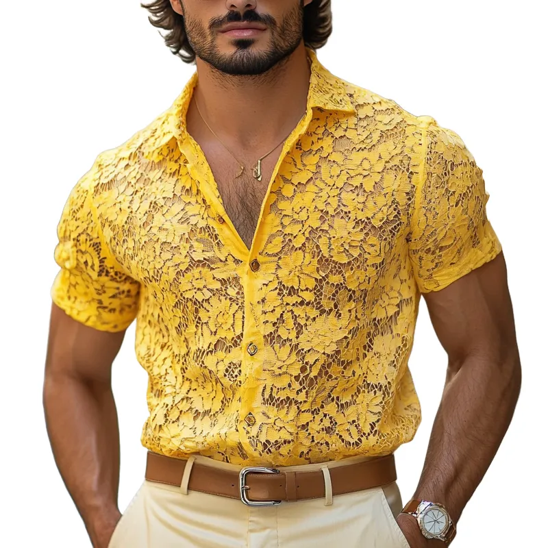 Men's Fashion Lace Lapel Short Sleeve Casual Shirt MTA1234E6Z sold by Manly