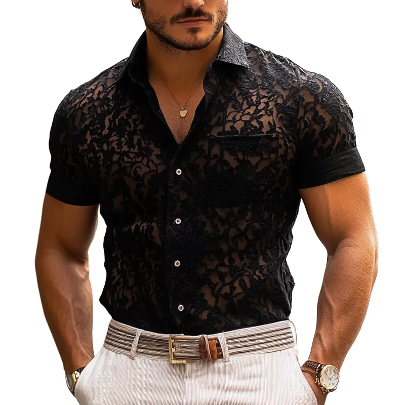 Men's Fashion Lace Lapel Short Sleeve Casual Shirt MTA1216E3Z sold by Manly
