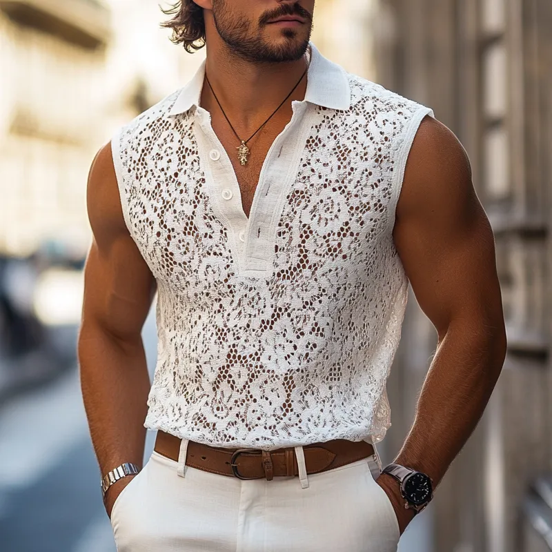 Men's Fashion Lace Lapel Sleeveless Casual Tank Top MTA1217E3Z sold by Manly product image thumbnail 2
