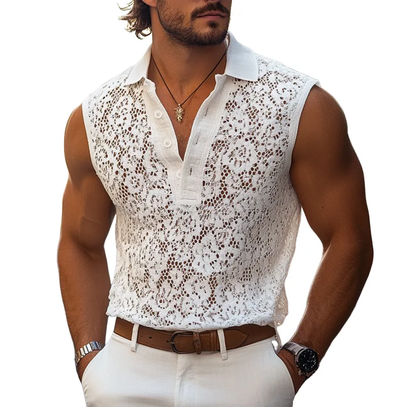 Men's Fashion Lace Lapel Sleeveless Casual Tank Top MTA1217E3Z sold by Manly