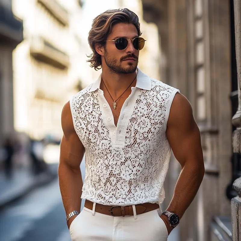 Men's Fashion Lace Lapel Sleeveless Casual Tank Top MTA1217E3Z sold by Manly product image thumbnail 4