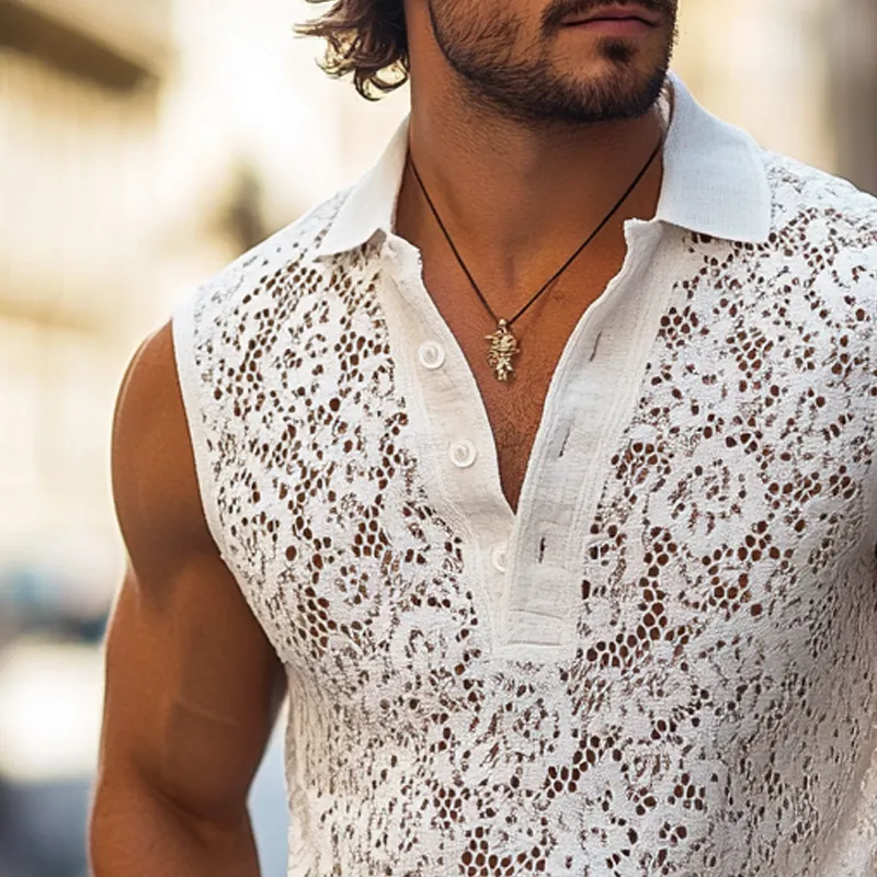 Men's Fashion Lace Lapel Sleeveless Casual Tank Top MTA1217E3Z sold by Manly product image thumbnail 3