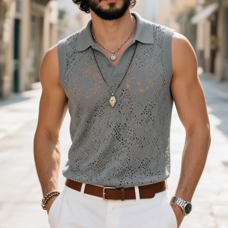 Men's Fashion Lace Lapel Sleeveless Casual Tank Top MTA1286E1Z sold by Manly product image thumbnail 2