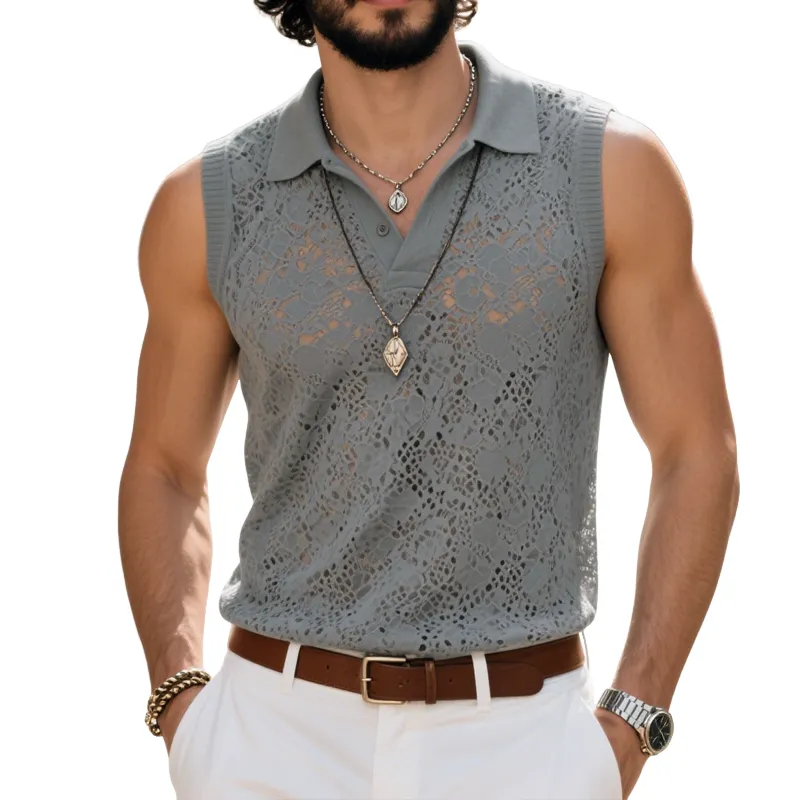 Men's Fashion Lace Lapel Sleeveless Casual Tank Top MTA1286E1Z sold by Manly