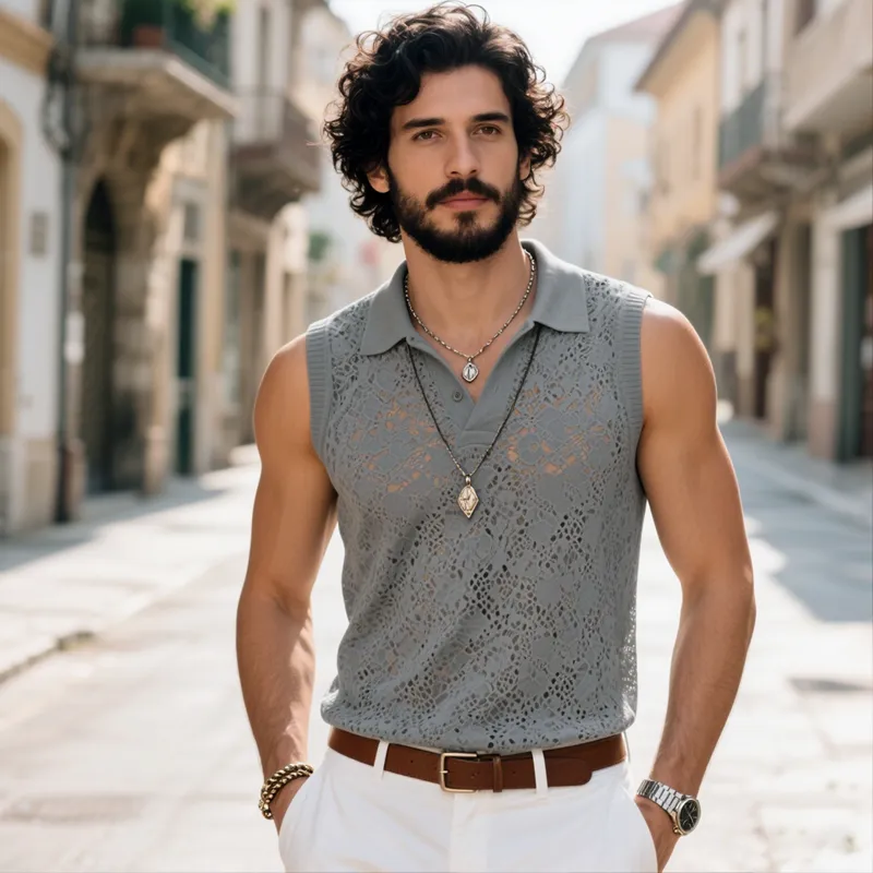 Men's Fashion Lace Lapel Sleeveless Casual Tank Top MTA1286E1Z sold by Manly product image thumbnail 4