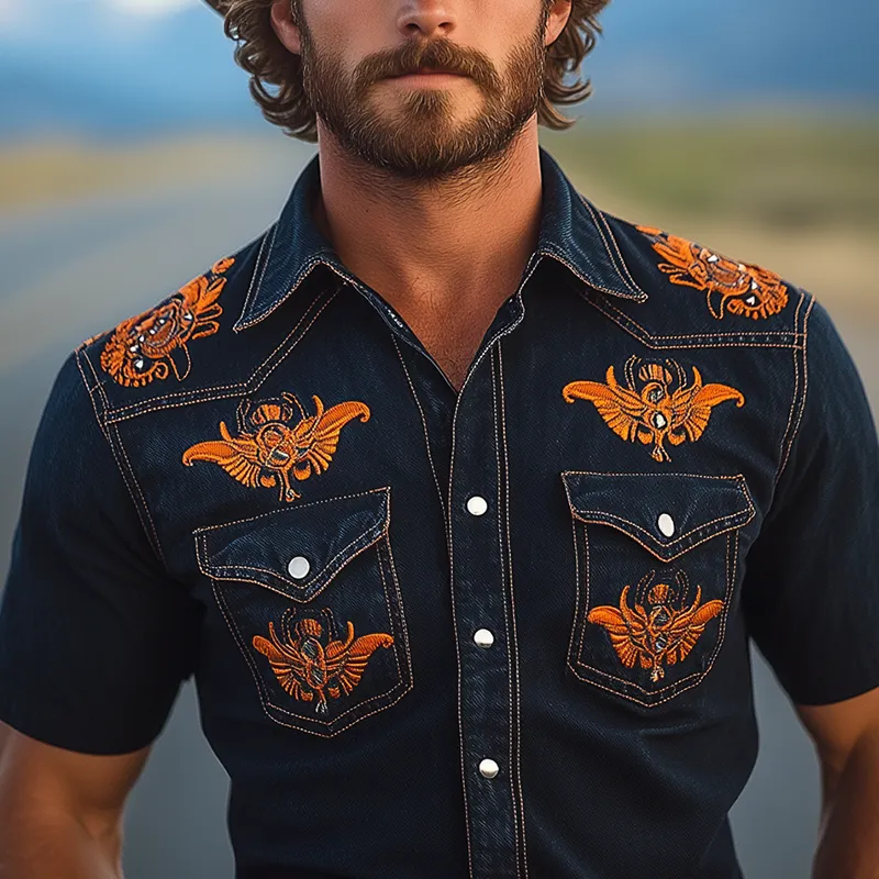 Men's Spring And Summer Fashion Retro Western Cowboy Style Washed Denim Embroidery Metal Button Slim Fit Short Sleeve Shirt MTA1028E3K sold by Manly product image thumbnail 4
