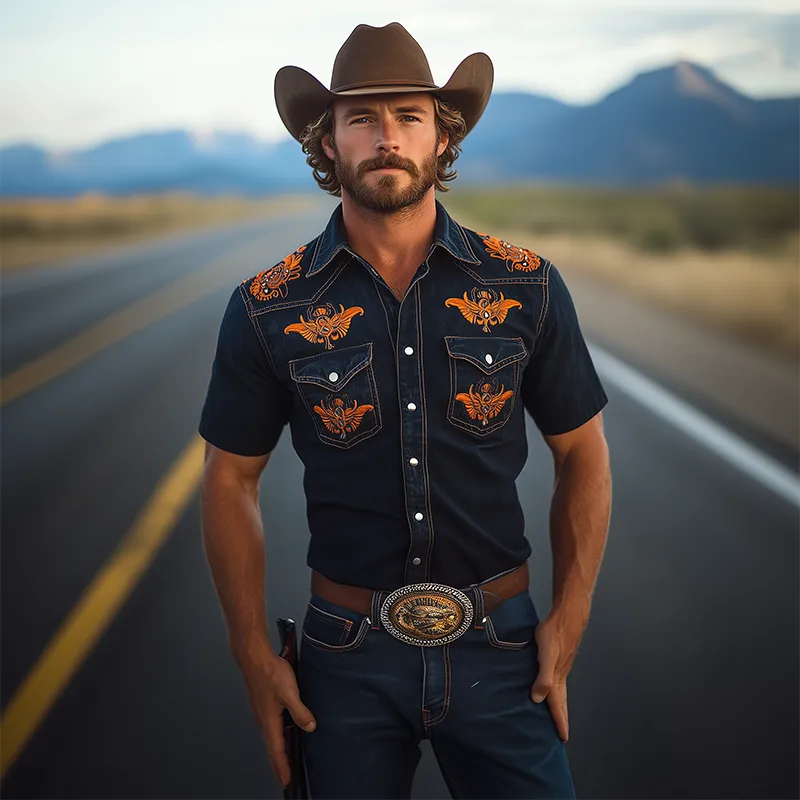 Men's Spring And Summer Fashion Retro Western Cowboy Style Washed Denim Embroidery Metal Button Slim Fit Short Sleeve Shirt MTA1028E3K sold by Manly product image thumbnail 2