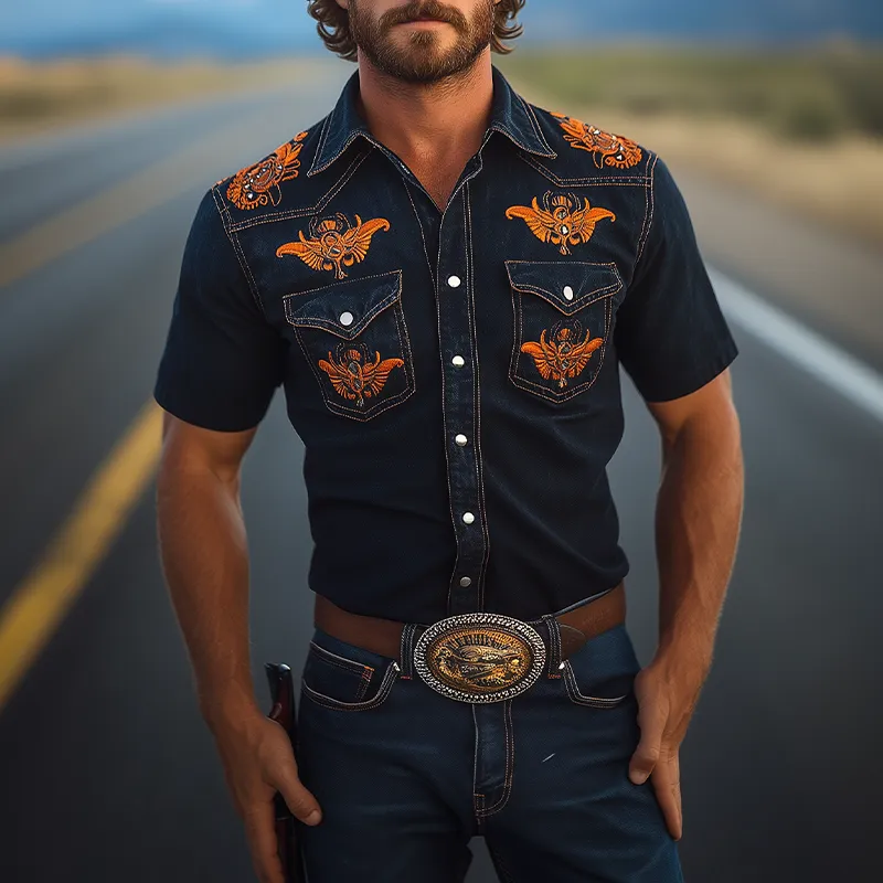 Men's Spring And Summer Fashion Retro Western Cowboy Style Washed Denim Embroidery Metal Button Slim Fit Short Sleeve Shirt MTA1028E3K sold by Manly product image thumbnail 3
