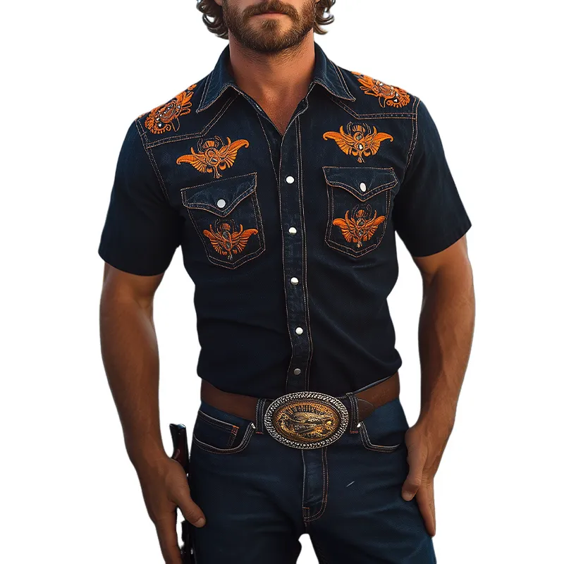 Men's Spring And Summer Fashion Retro Western Cowboy Style Washed Denim Embroidery Metal Button Slim Fit Short Sleeve Shirt MTA1028E3K sold by Manly