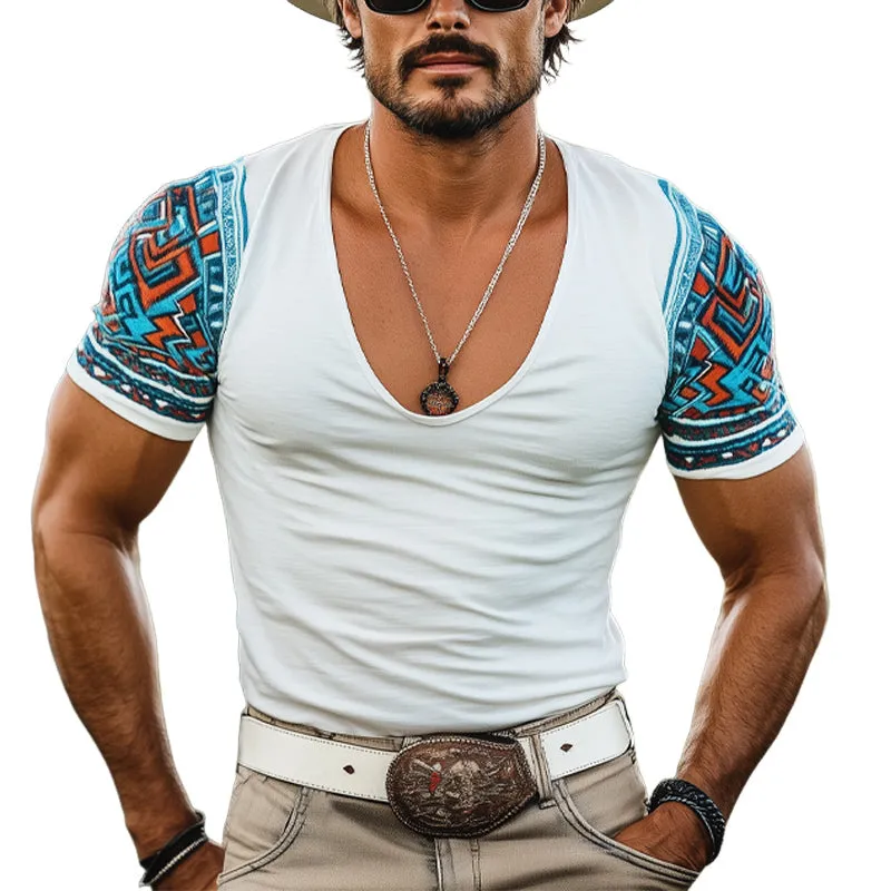 Men'S Deep V Neck Printed Short Sleeve T-Shirt MTA1250E0U sold by Manly