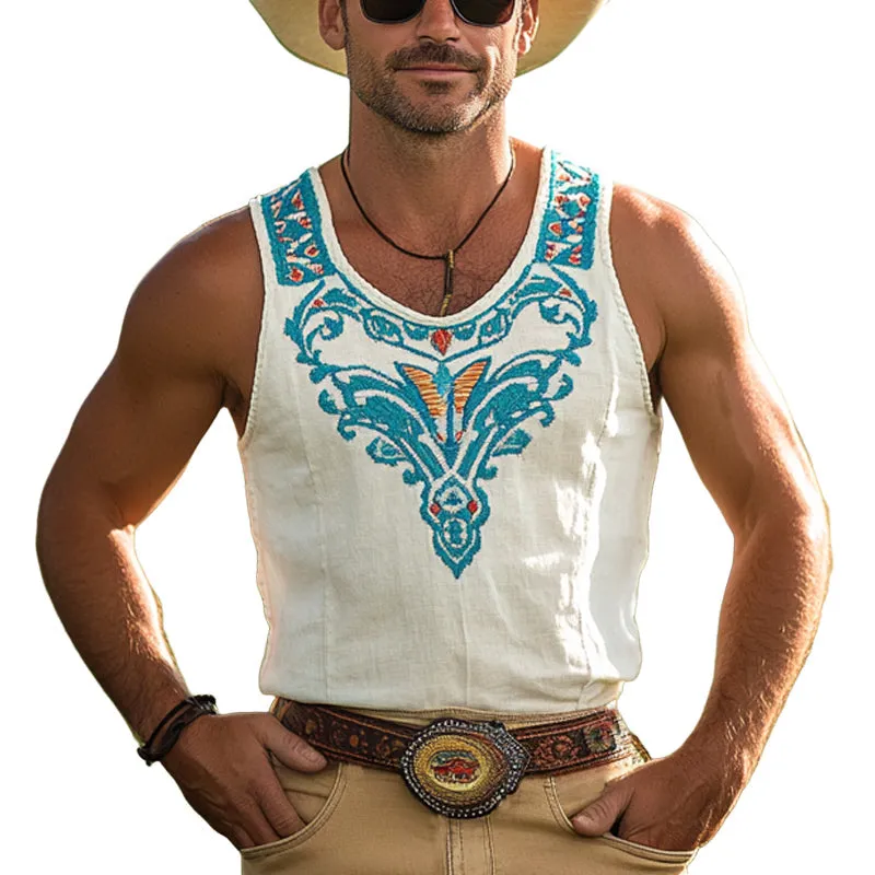 Men'S Western Cowboy Style Vintage Embroidered Tank Top MTA1293E5U sold by Manly