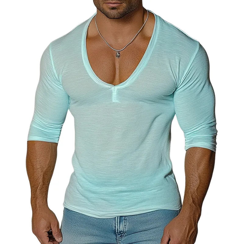 Men's Retro Casual Solid Color Elastic Slim Round Neck Long Sleeve T-Shirt MTA0951E7TO sold by Manly