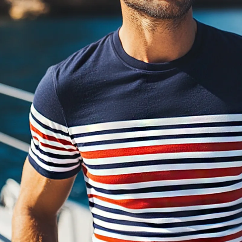 Men's Retro Casual Striped Printed Elastic Slim Round Neck Short Sleeve T-Shirt MTA0995E0TO sold by Manly product image thumbnail 3