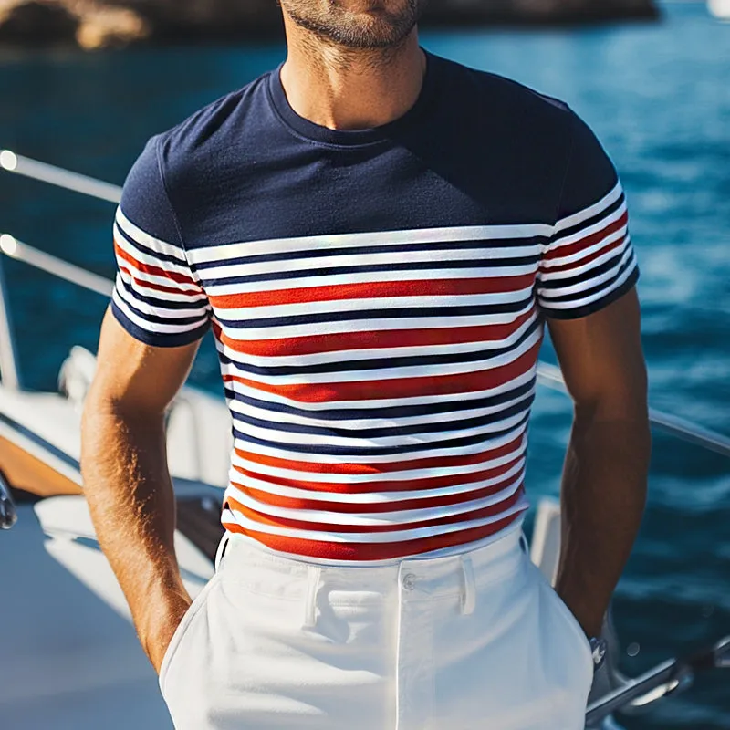 Men's Retro Casual Striped Printed Elastic Slim Round Neck Short Sleeve T-Shirt MTA0995E0TO sold by Manly product image thumbnail 2