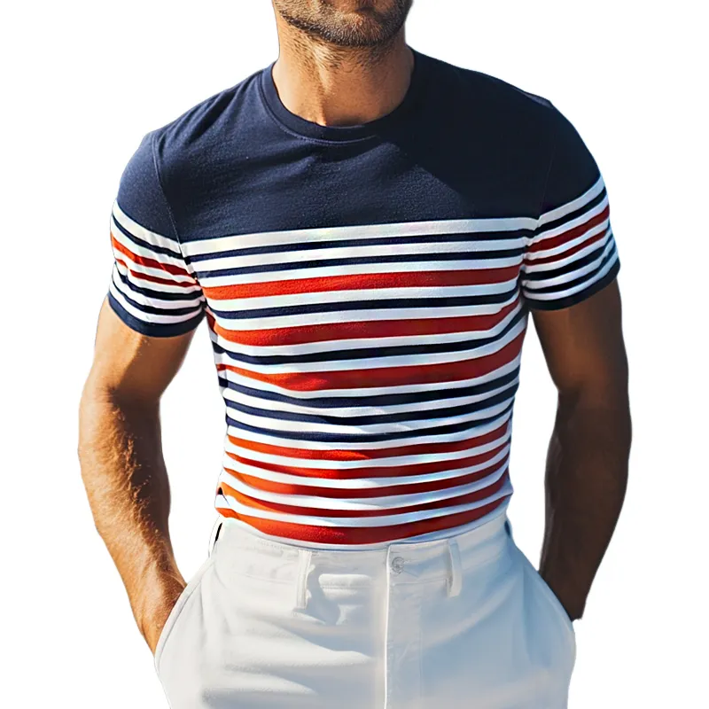 Men's Retro Casual Striped Printed Elastic Slim Round Neck Short Sleeve T-Shirt MTA0995E0TO sold by Manly