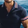 Men's Retro Casual Striped Print Short Sleeve Polo Shirt MTA0977E3TO sold by Manly