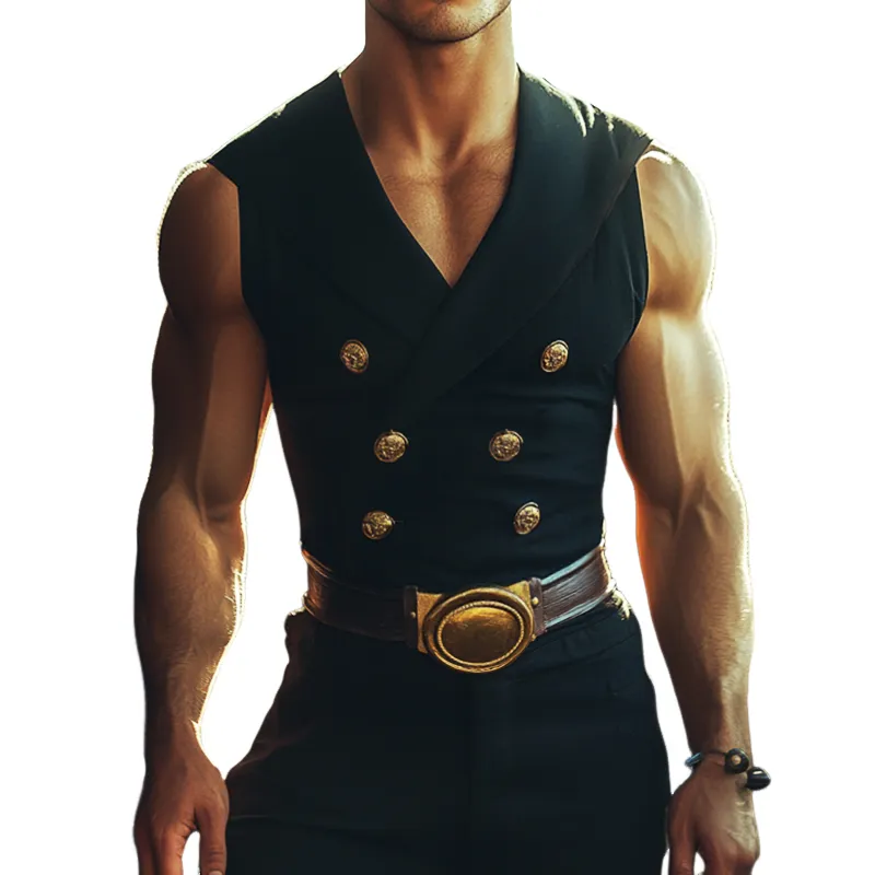 Men's Retro Casual Stretch Slim Fit Solid Color Double Breasted Lapel Sleeveless Shirt MTA0948E8TO sold by Manly