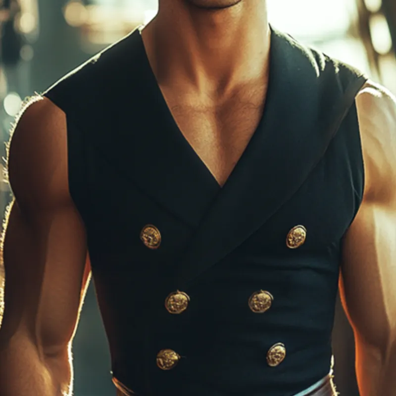 Men's Retro Casual Stretch Slim Fit Solid Color Double Breasted Lapel Sleeveless Shirt MTA0948E8TO sold by Manly product image thumbnail 3