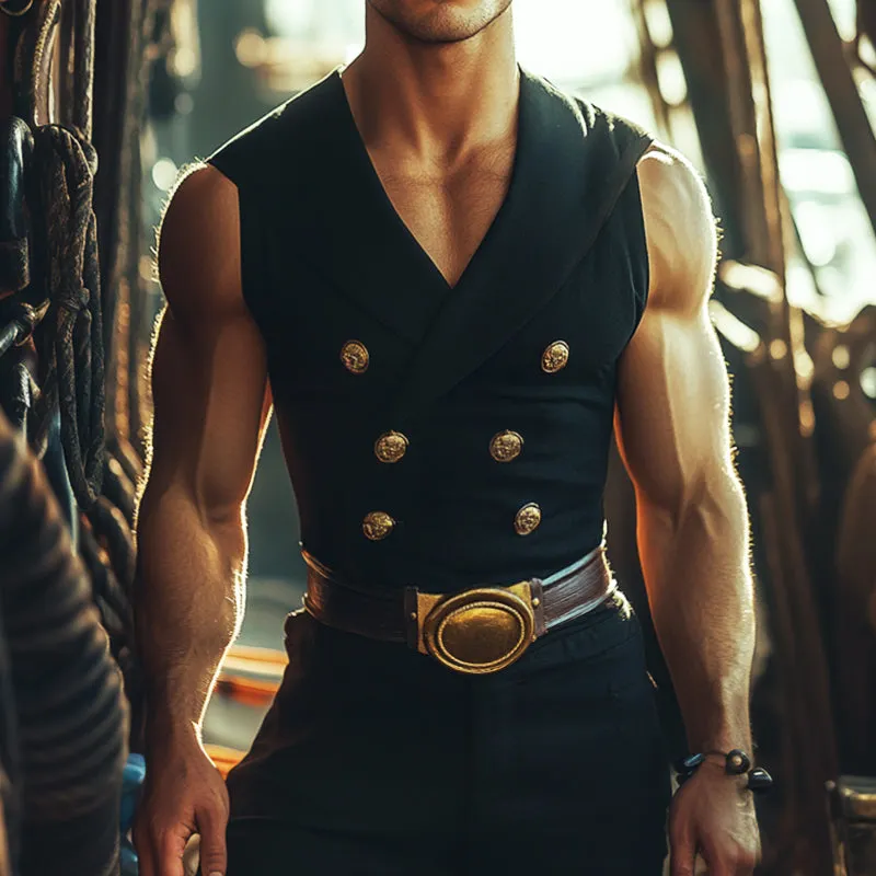 Men's Retro Casual Stretch Slim Fit Solid Color Double Breasted Lapel Sleeveless Shirt MTA0948E8TO sold by Manly product image thumbnail 2