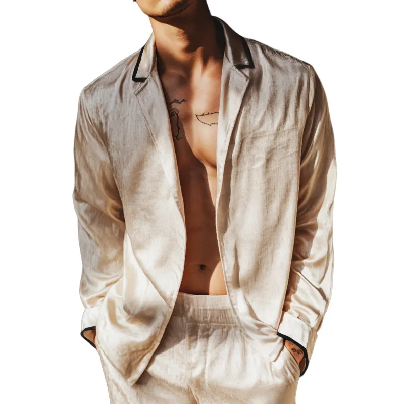 Men's Retro Casual Satin Lightweight Lapel Long Sleeve Shirt MTA0964E5TO sold by Manly