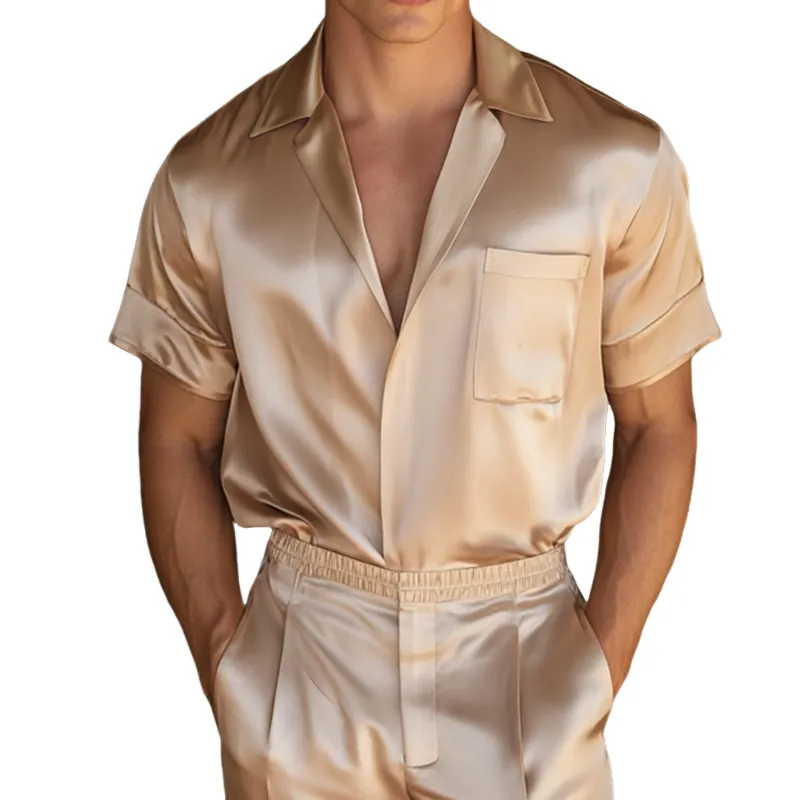 Men's Retro Casual Solid Color Satin Straight Shoulder Lapel Short Sleeve Shirt MTA0927E7TO sold by Manly