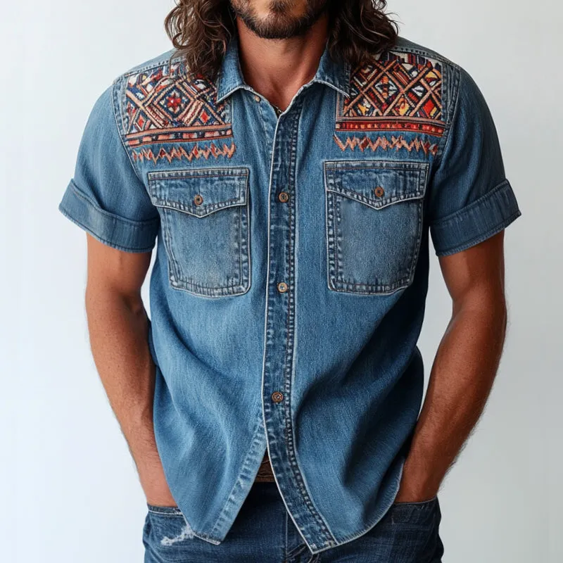 Men's Retro Casual Ethnic Style Printed Denim Lapel Short Sleeve Shirt MTA0920E2TO sold by Manly product image thumbnail 2