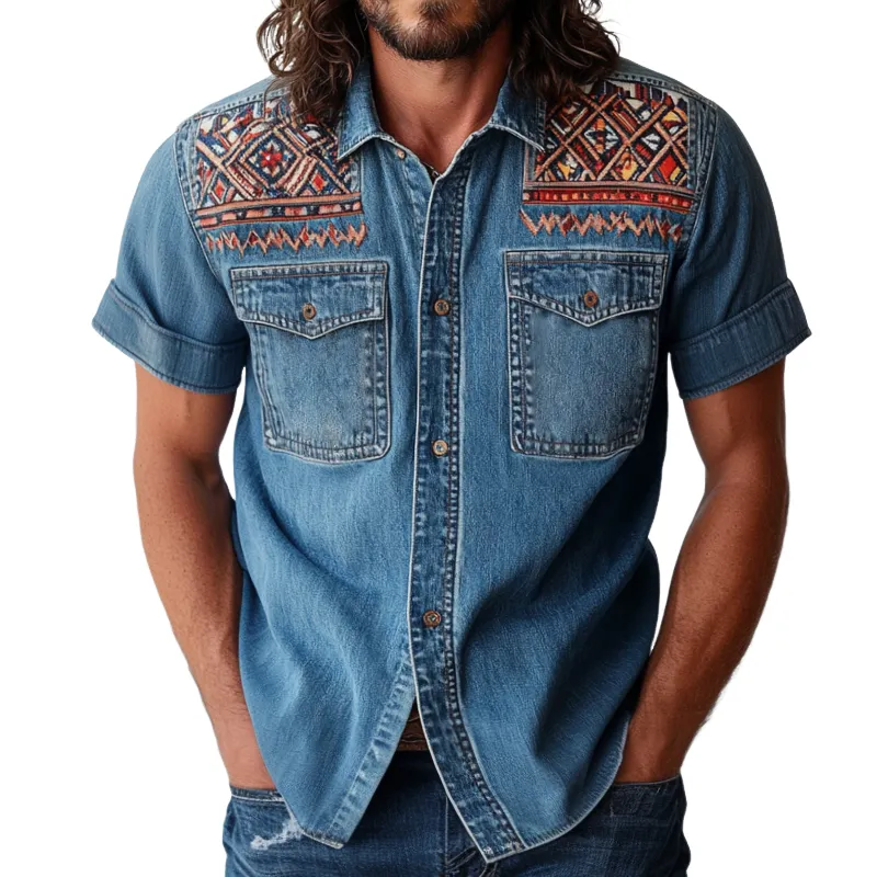 Men's Retro Casual Ethnic Style Printed Denim Lapel Short Sleeve Shirt MTA0920E2TO sold by Manly