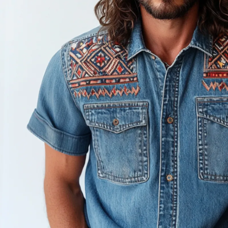 Men's Retro Casual Ethnic Style Printed Denim Lapel Short Sleeve Shirt MTA0920E2TO sold by Manly product image thumbnail 3