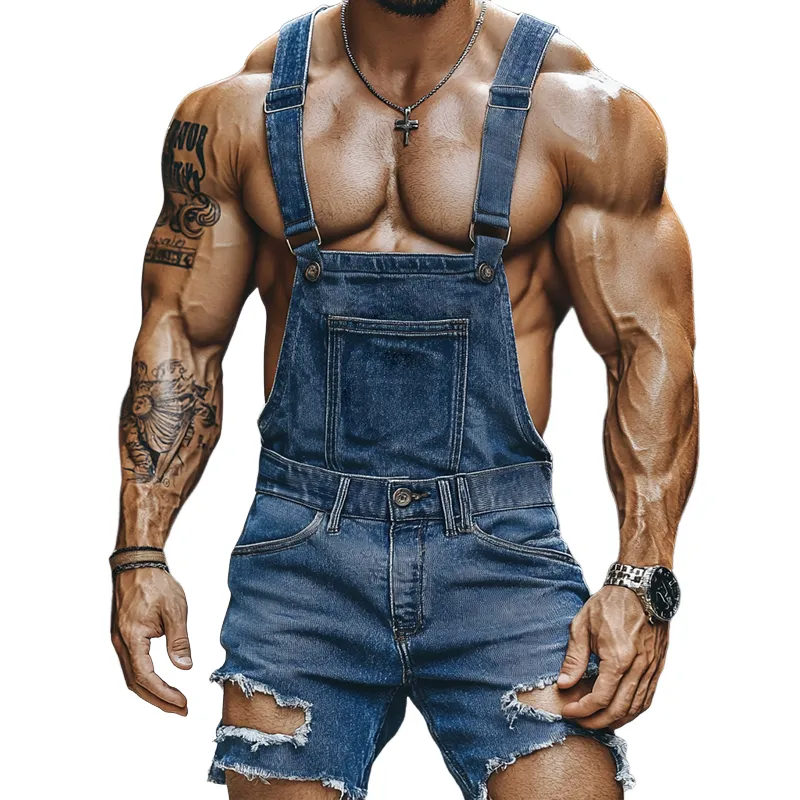 Men's Retro Casual Ripped Denim Washed And Worn Bib Shorts MTA0961E2TO sold by Manly